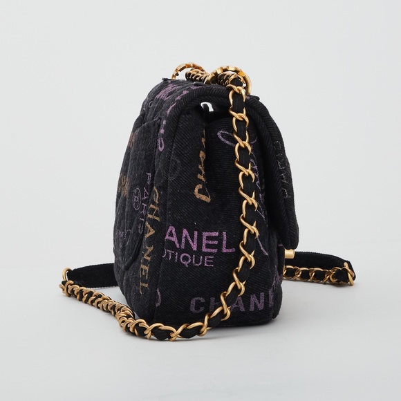 CHANEL PRINTED LOGO BLACK DENIM SMALL GRAFFITI FLAP BAG (2021) - Picture 3 of 8